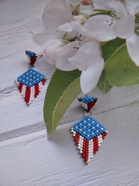 Patriotic Blue, Red & White Seed Bead Dangle Earrings